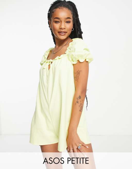 ASOS DESIGN Petite twill puff sleeve smock romper in lemon