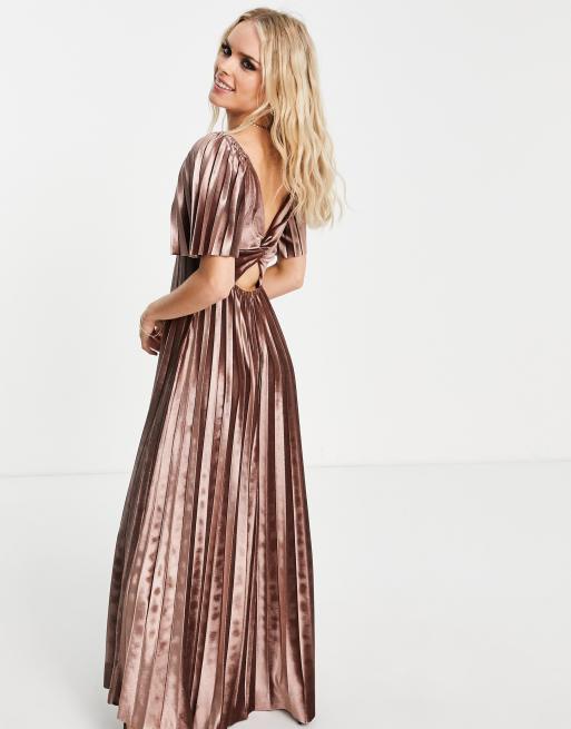 ASOS DESIGN Petite twist back empire waist velvet pleated maxi dress in gold