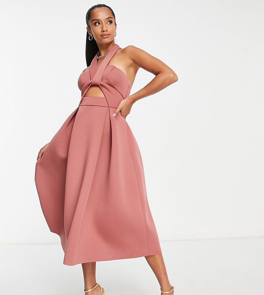 Asos Petite Asos Design Petite Twist Cut Out Halter Midi Prom Dress In Rose-pink