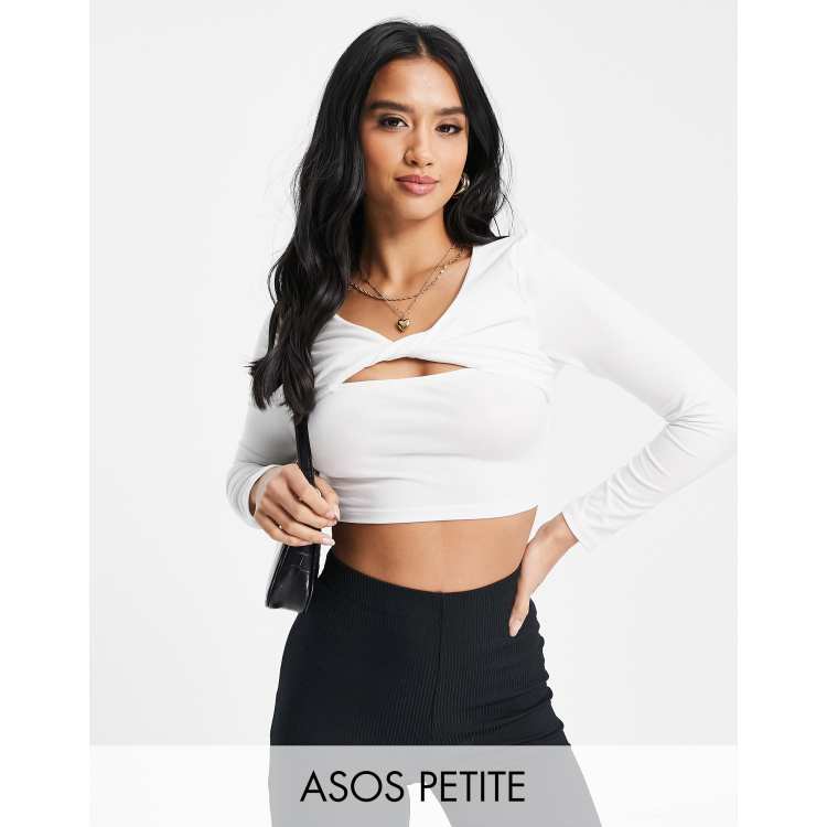 ASOS DESIGN Petite long sleeve crop top with mesh corset detail in white