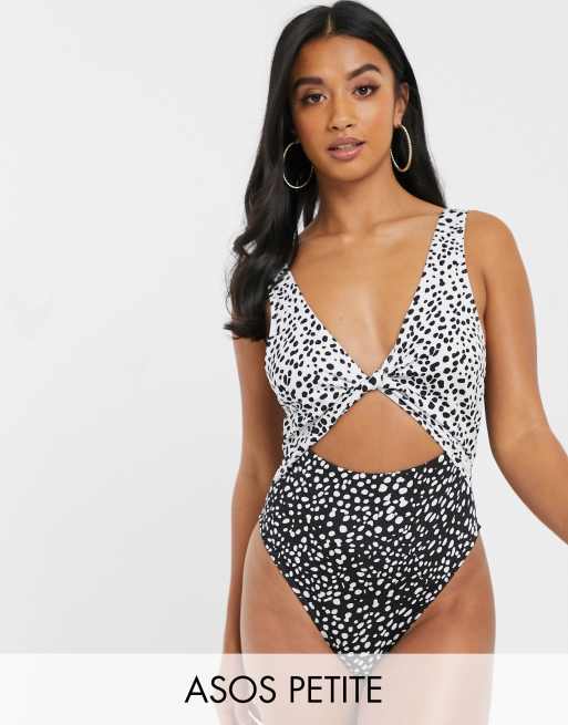 ASOS DESIGN Petite twist front cut out swimsuit in mixed mono spot print