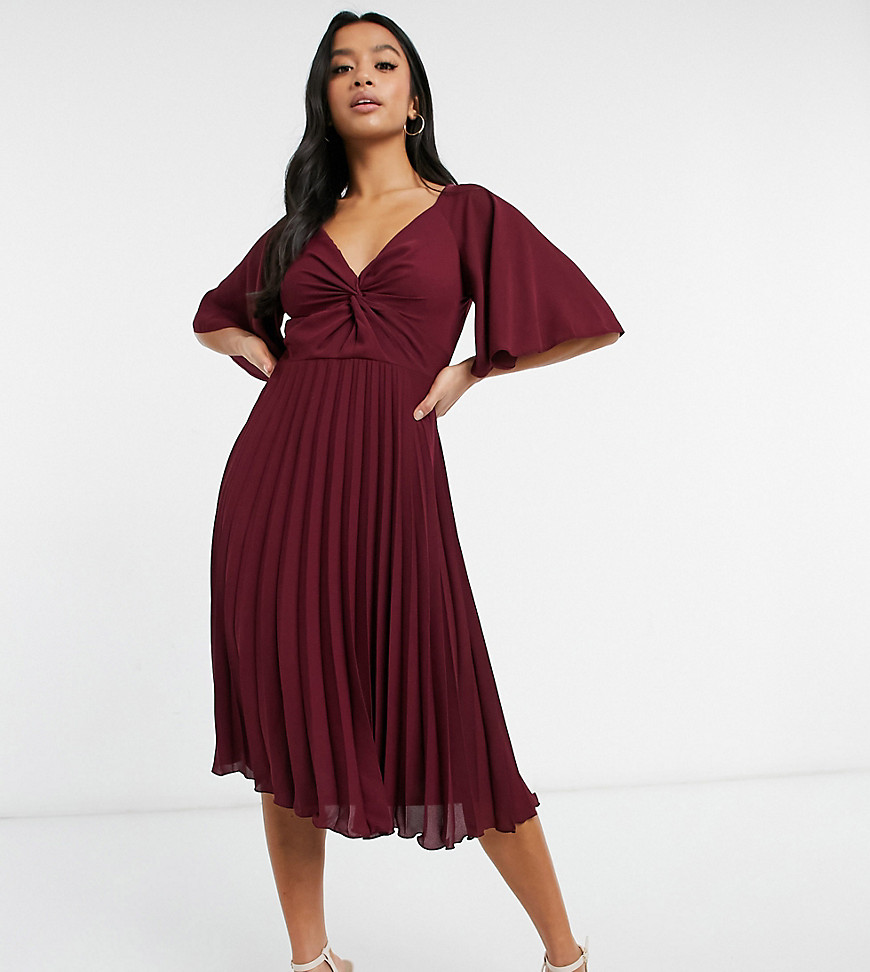 ASOS DESIGN Petite twist front flutter sleeve midi dress with pleated skirt-Red