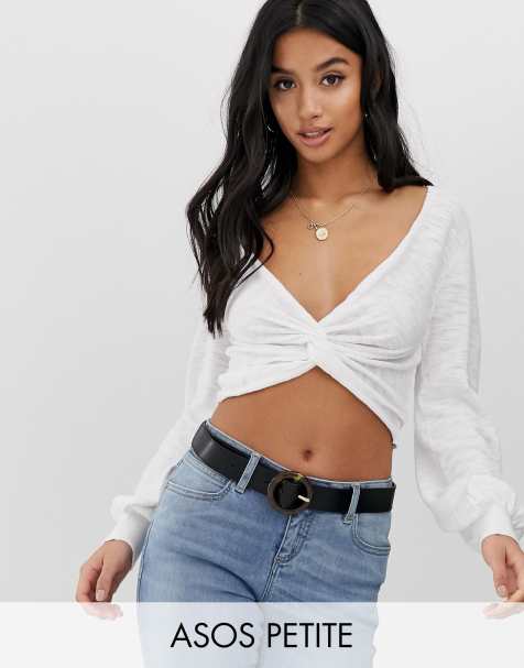 ASOS DESIGN Petite twist front jumper with blouson sleeve in slub yarn