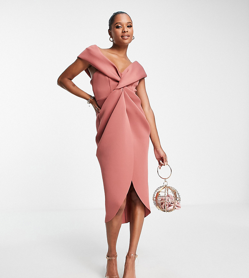 ASOS DESIGN Petite twist front off-the- shoulder midi dress in rose-Pink