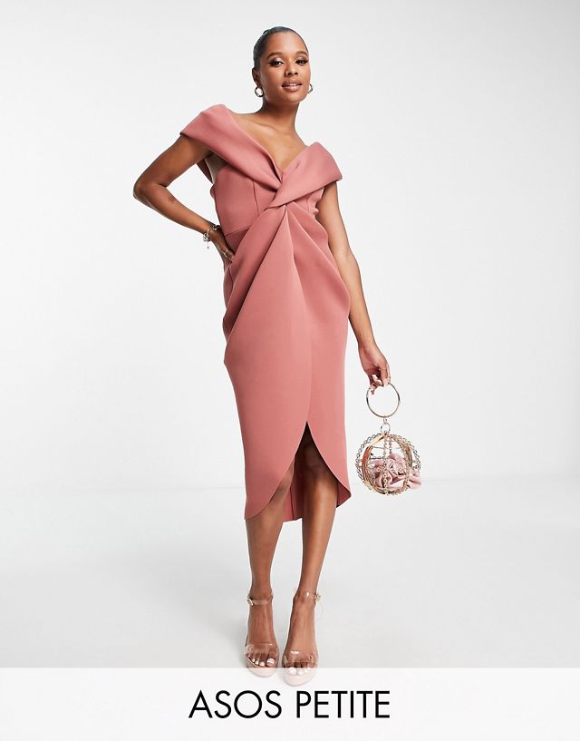 ASOS DESIGN Petite twist front off-the- shoulder midi dress in rose