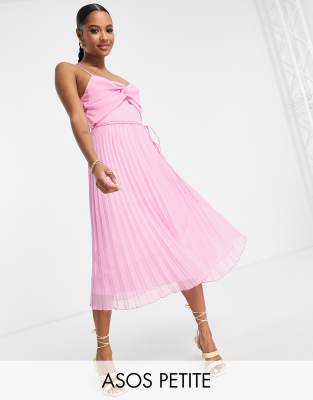 Asos Petite Asos Design Petite Twist Front Pleated Cami Midi Dress With Belt In Pink