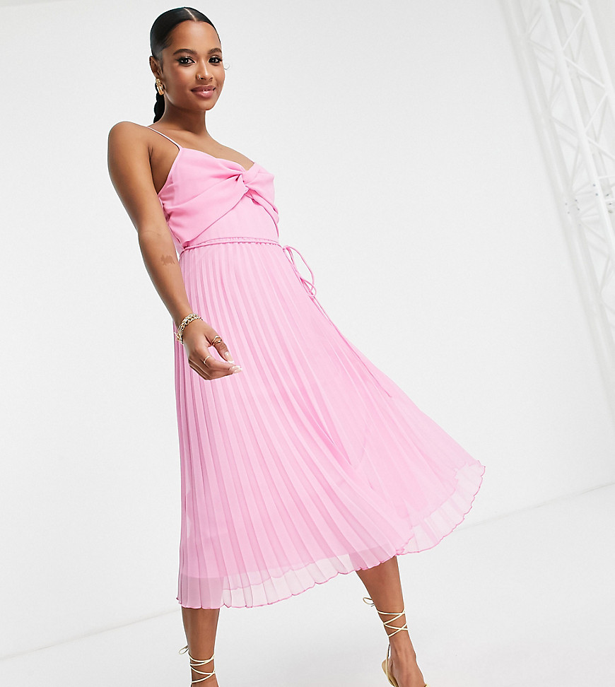 ASOS DESIGN Petite twist front pleated cami midi dress with belt in pink