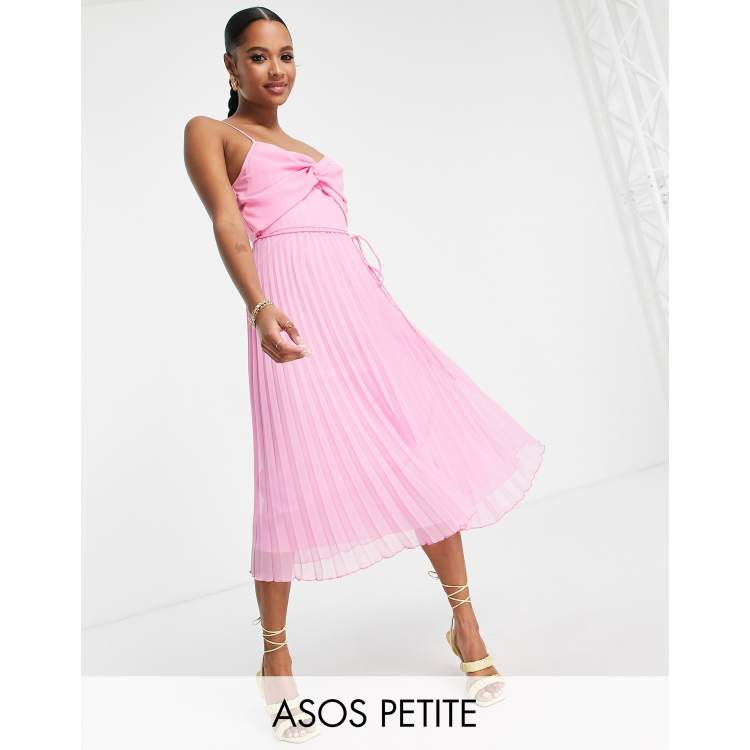 ASOS DESIGN Petite twist front pleated cami midi dress with belt in pink ASOS