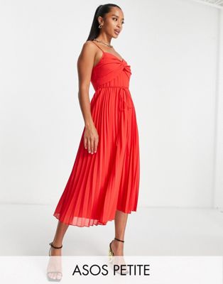 ASOS DESIGN Petite twist front pleated cami midi dress with belt in red ...