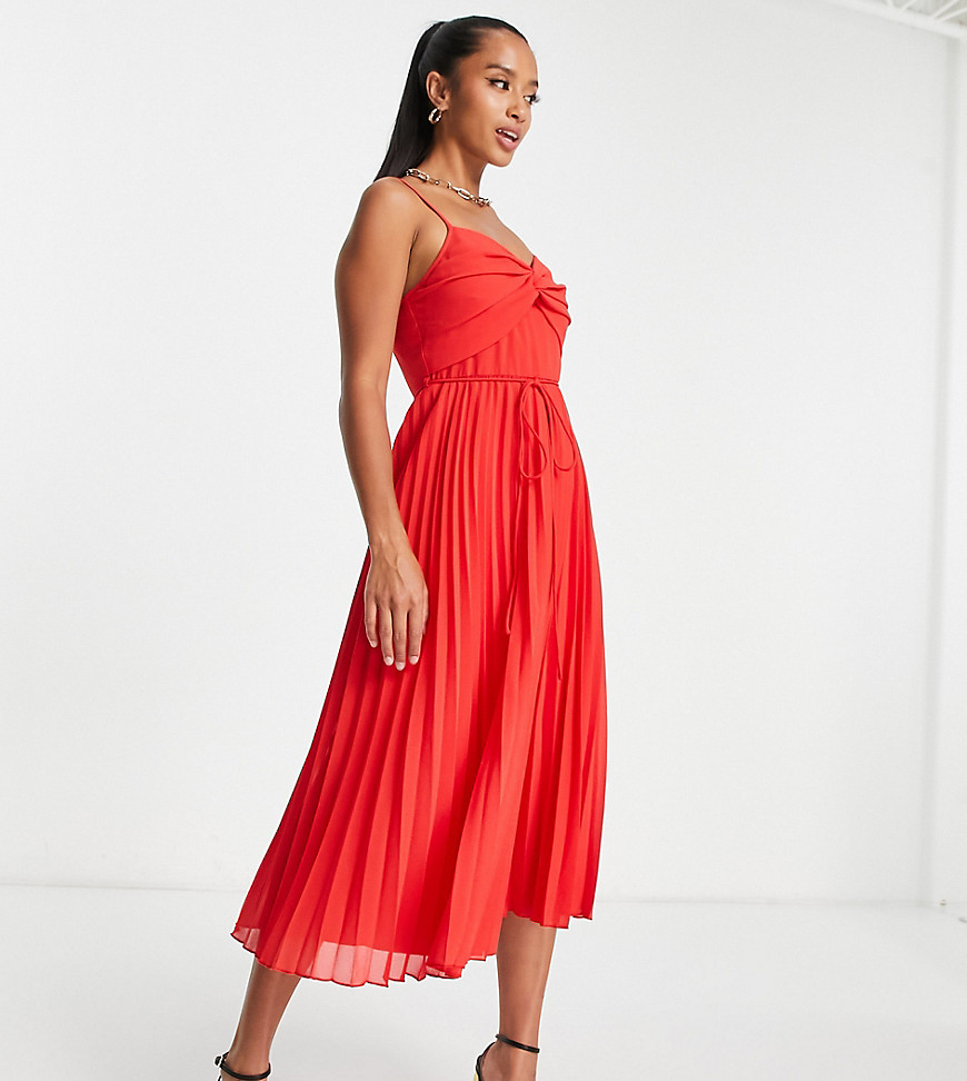 ASOS DESIGN Petite twist front pleated cami midi dress with belt in red