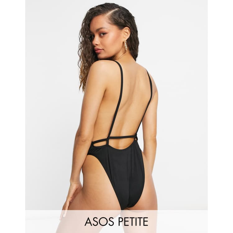 ASOS DESIGN Petite twist strappy low back swimsuit in black