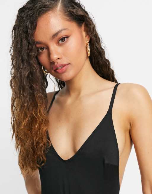 ASOS DESIGN Petite twist strappy low back swimsuit in black , 3 of 4