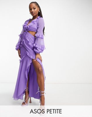 ASOS DESIGN Petite twist waist cut out maxi dress with ruffle detail in purple