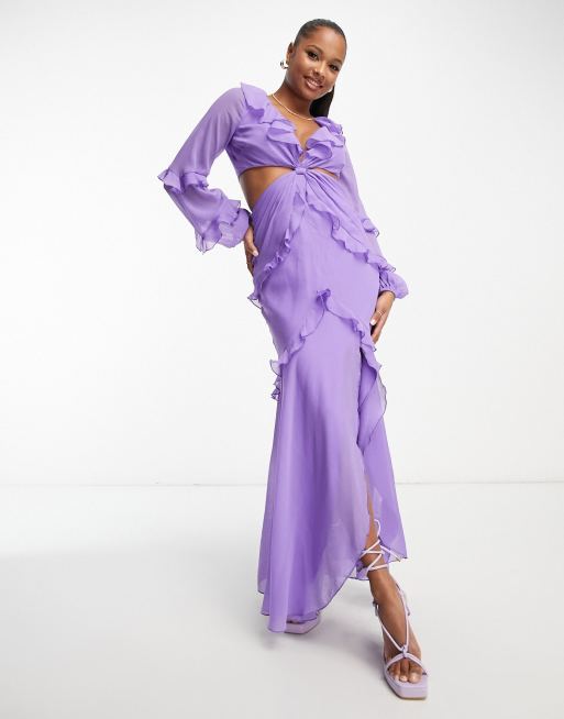 ASOS DESIGN satin spot flutter sleeve maxi dress with open back in purple