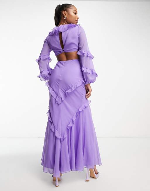 ASOS DESIGN Petite twist waist cut out maxi dress with ruffle detail in purple ASOS