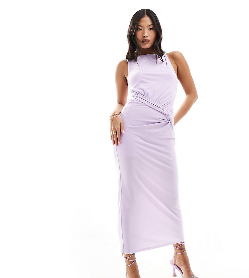 ASOS DESIGN Petite twisted high neck mesh midi dress in lilac-Purple