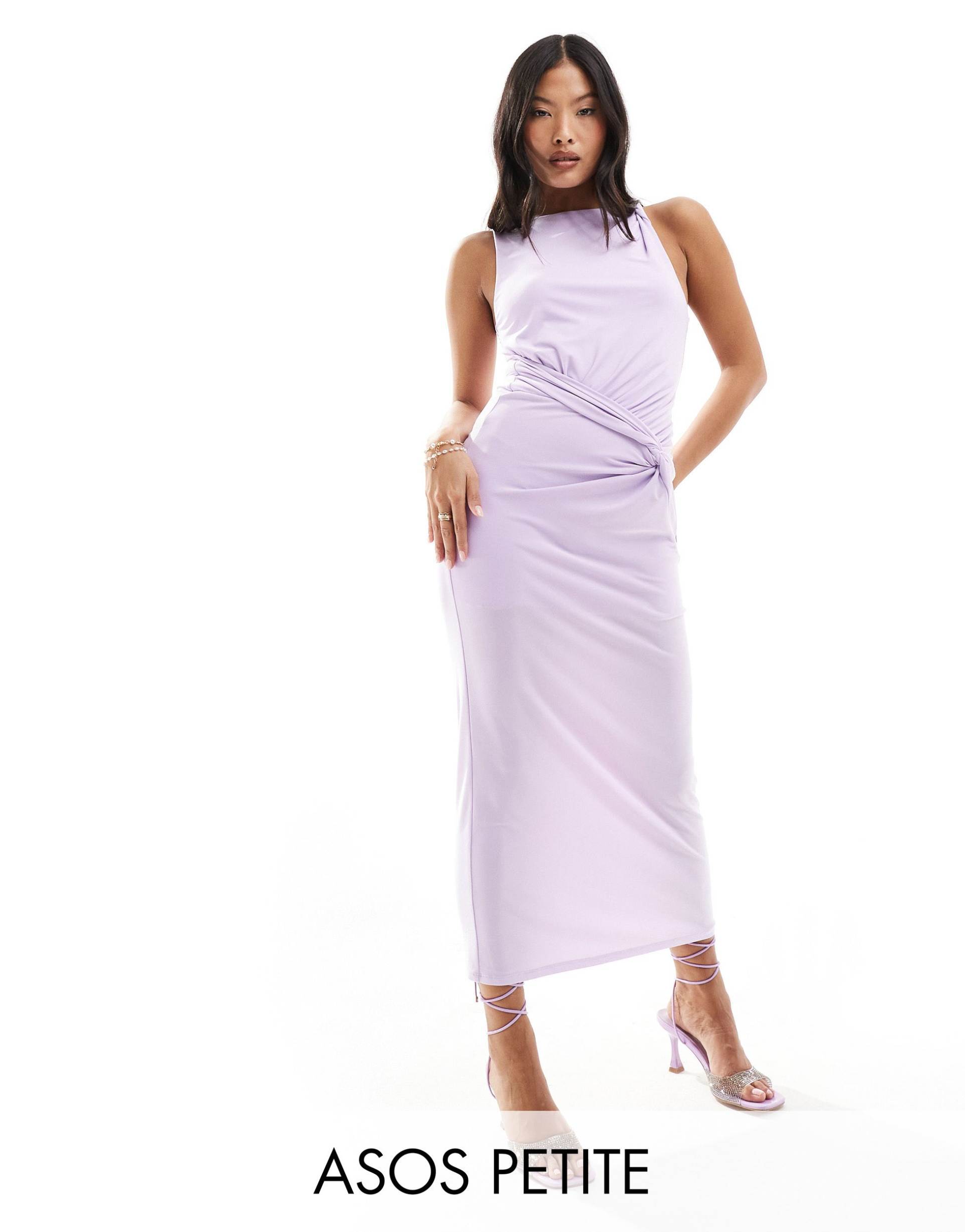 asos design petite twisted high neck mesh midi dress in lilac