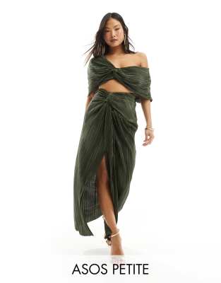 ASOS DESIGN Petite two-in-one fallen shoulder plisse maxi dress in khaki-Green