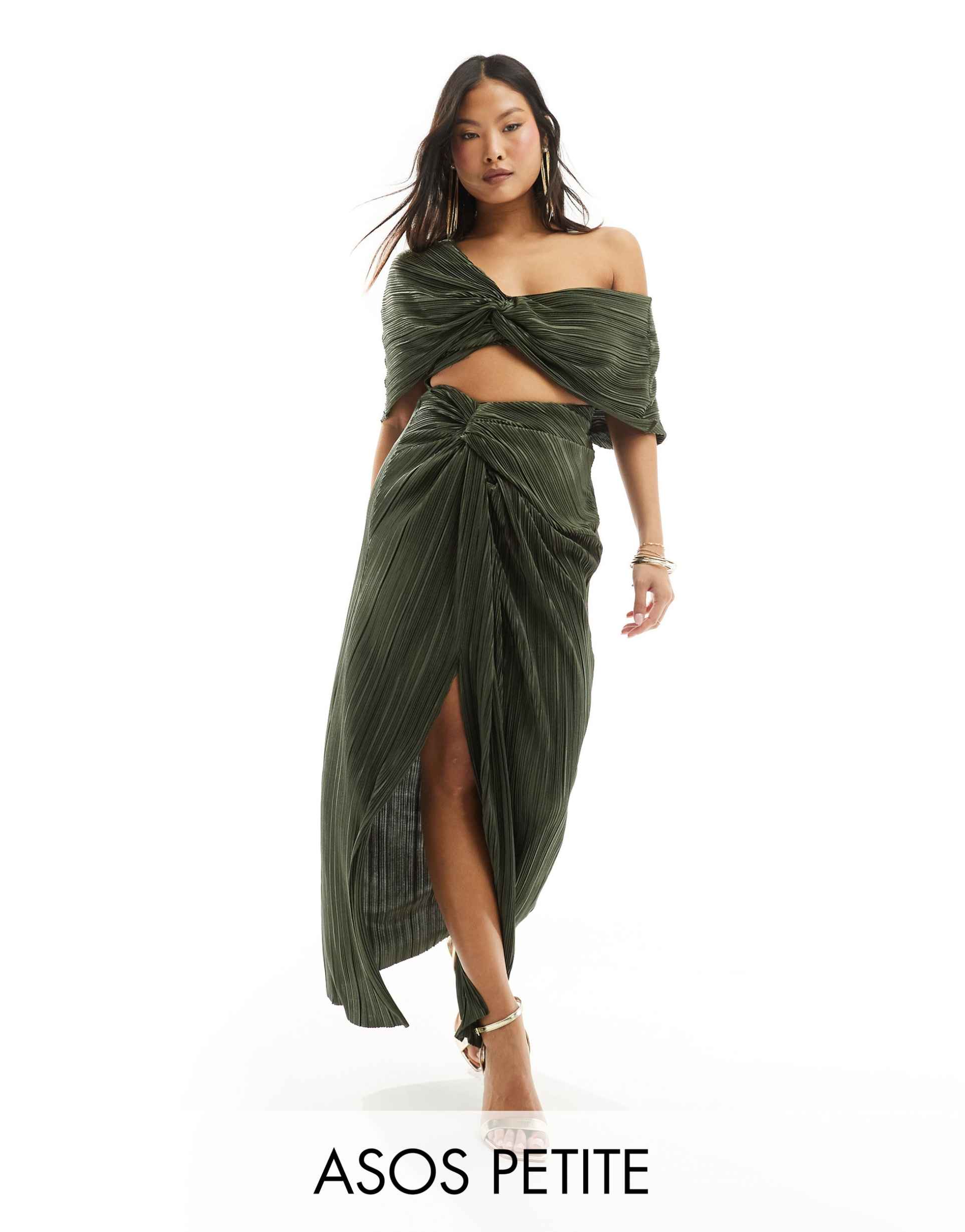 asos design petite two-in-one fallen shoulder plisse maxi dress in khaki