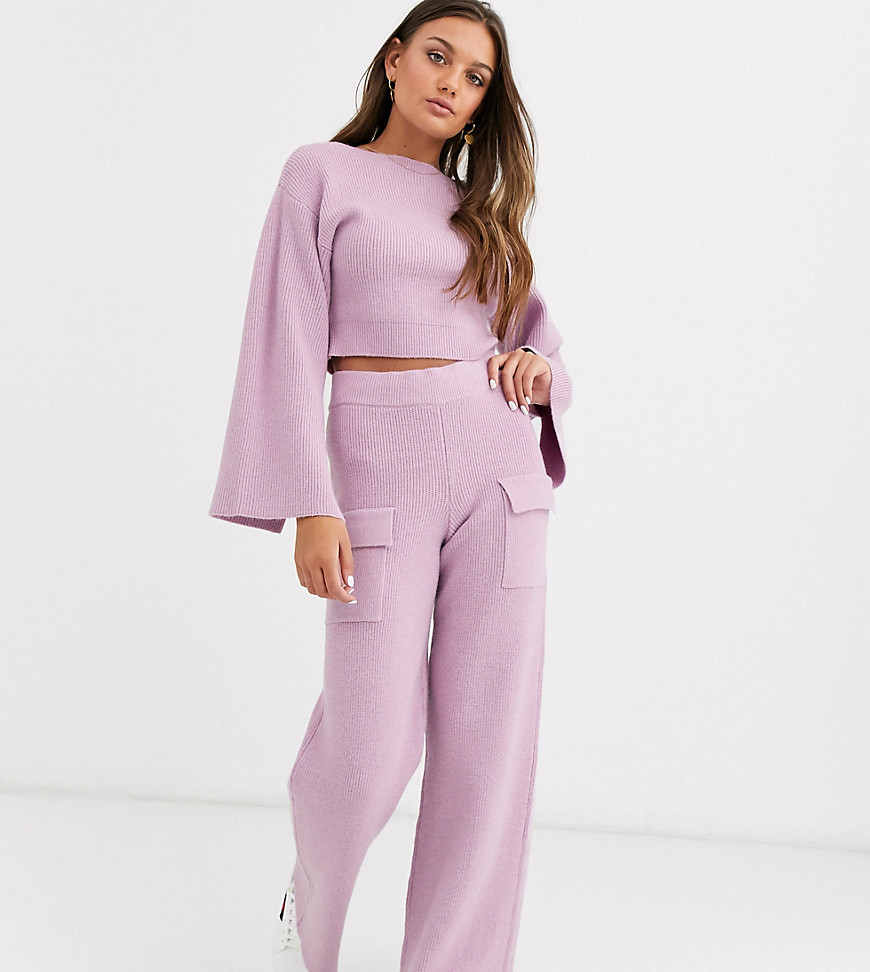 ASOS DESIGN Petite two-piece ribbed knit pants with pockets-Purple