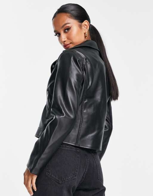 Topshop Petite faux leather biker jacket in black, ASOS