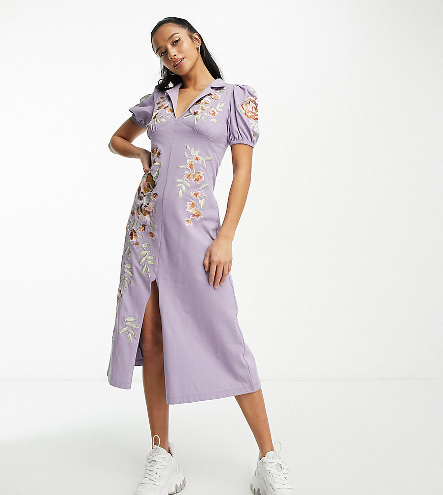 ASOS DESIGN Petite ultimate midi tea dress with collar and floral embroidery in lilac-Purple