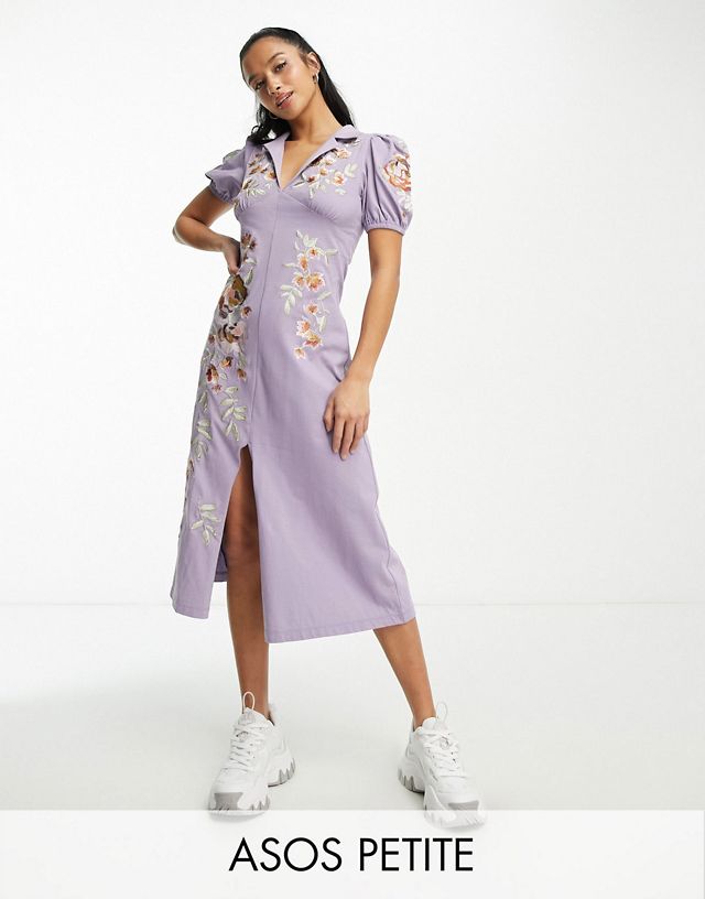 ASOS DESIGN Petite ultimate midi tea dress with collar and floral embroidery in lilac