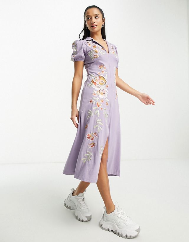 ASOS DESIGN Petite ultimate midi tea dress with collar and floral embroidery in lilac GN11281