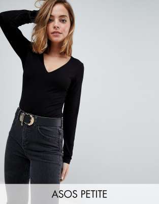 ASOS DESIGN Petite ultimate top with long sleeve and v-neck in black | ASOS