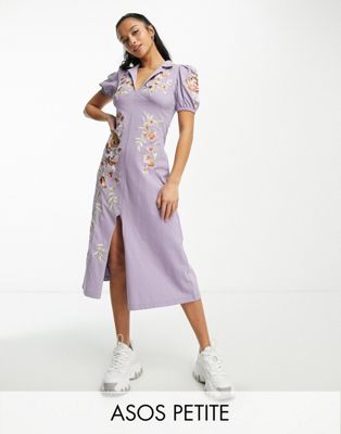 ASOS DESIGN Petite ultimate midi tea dress with collar and floral embroidery in lilac - ASOS Price Checker
