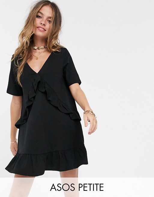 ASOS DESIGN Petite v front frill seam smock dress in black