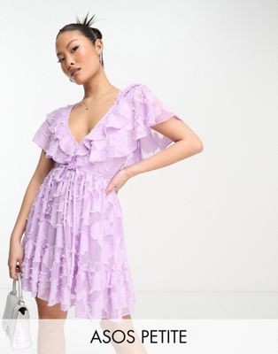 ASOS DESIGN Petite v front ruffle mini dress with flutter sleeves and tie belt in textured jacquard in lilac | ASOS