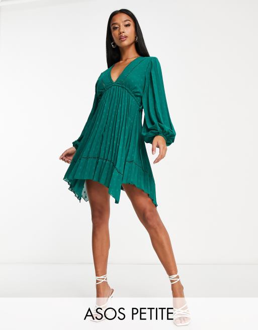 ASOS DESIGN button through ruched waist pleated mini dress in metallic  dobby in soft green