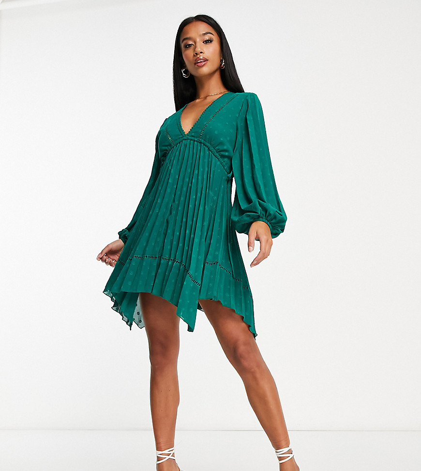Asos Petite Asos Design Petite V Front Trim Detail Pleated Textured Mini Dress In Forest Green
