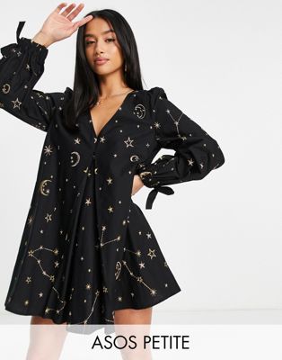 ASOS DESIGN Petite v front v back trapeze mini dress in star and moon embroidery in black