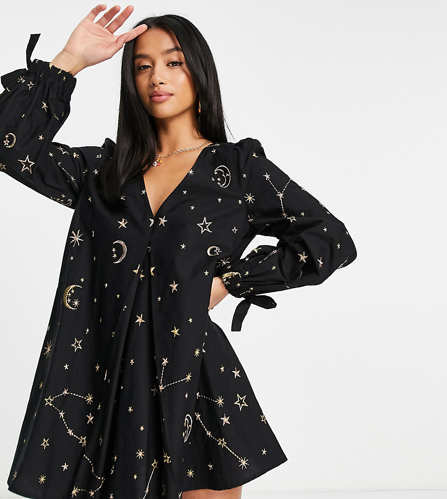 Asos Design Petite V Front V Back Trapeze Mini Dress In Star And Moon Embroidery In Black