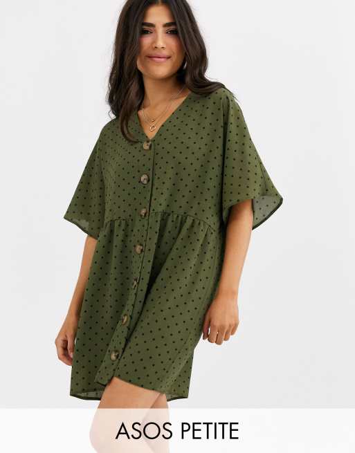 ASOS DESIGN Petite v neck button through mini smock dress in spot