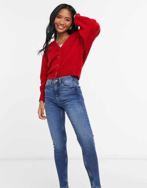 ASOS DESIGN Petite v neck cardigan with puff sleeve in red