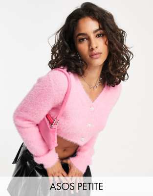 ASOS DESIGN Petite v neck cropped cardigan with diamante button in pink