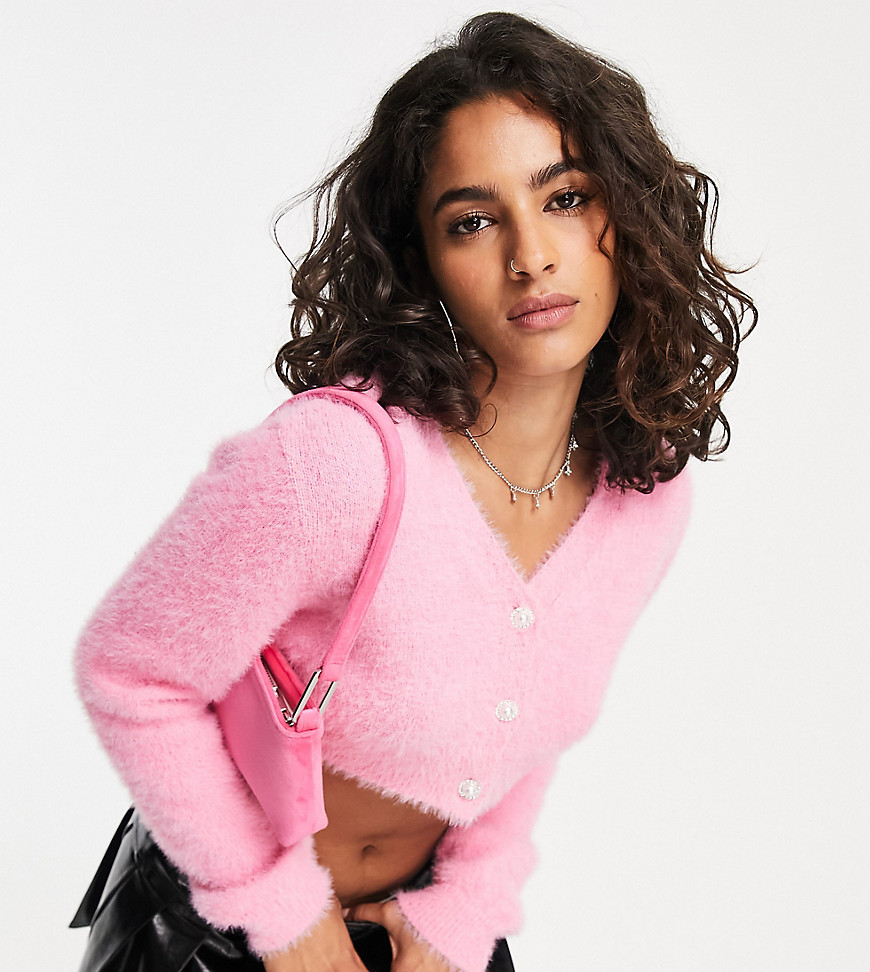 ASOS DESIGN Petite v neck cropped cardigan with diamante button in pink