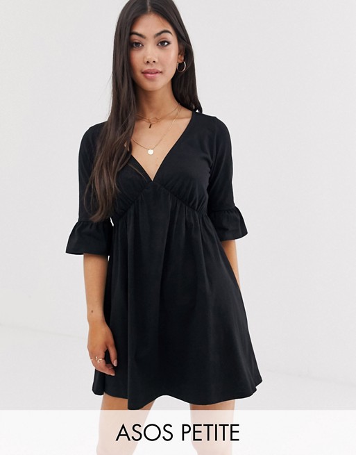 ASOS DESIGN petite v neck frill sleeve smock dress in black