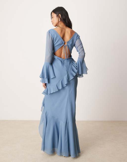 ASOS DESIGN Petite v neck long sleeve ruffle maxi dress with cut out back in blue, 2 of 4
