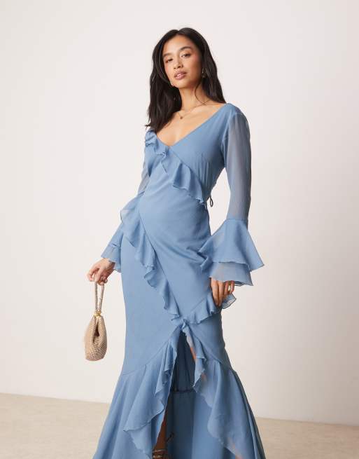 ASOS DESIGN Petite v neck long sleeve ruffle maxi dress with cut out back in blue, 4 of 4