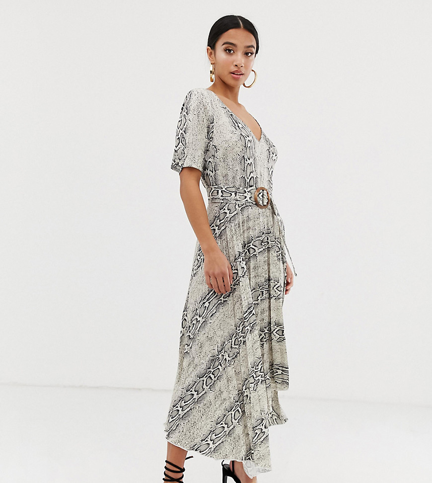 ASOS DESIGN Petite v neck midi dress with pleated skirt and belt in snake print-Multi