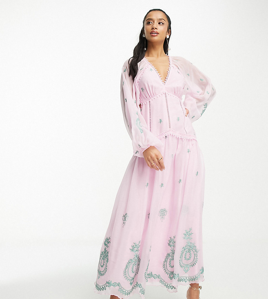 Asos Petite Asos Design Petite V Neck Open Back Embroidered Maxi Dress With Trim Detail In Pink