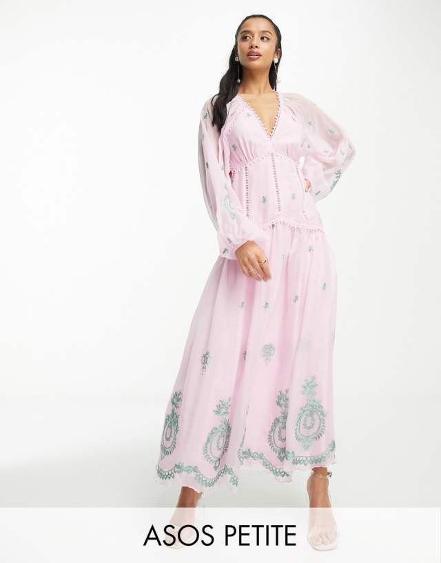 ASOS Petite - ASOS DESIGN Petite v neck open back embroidered maxi dress with trim detail in pink