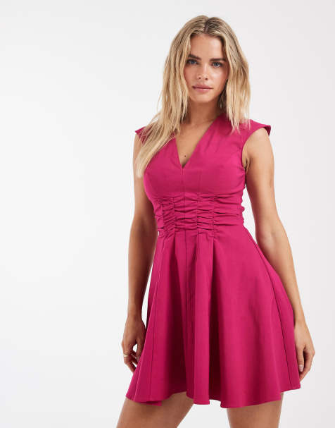 ASOS DESIGN Petite V-neck ruched bengaline mini dress in berry - view 1