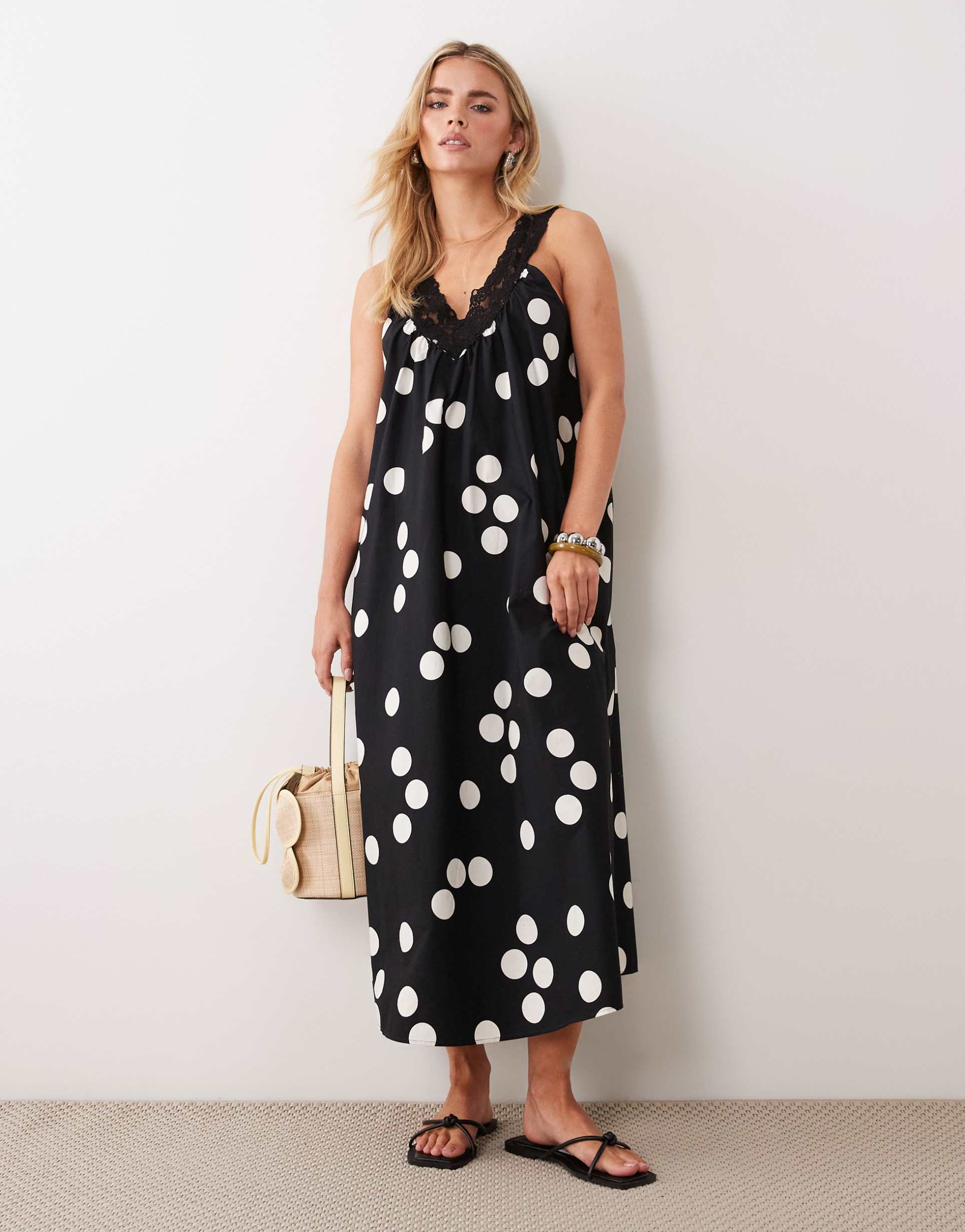 asos design petite v-neck smock poplin maxi dress with lace overlay in black and white polka dots
