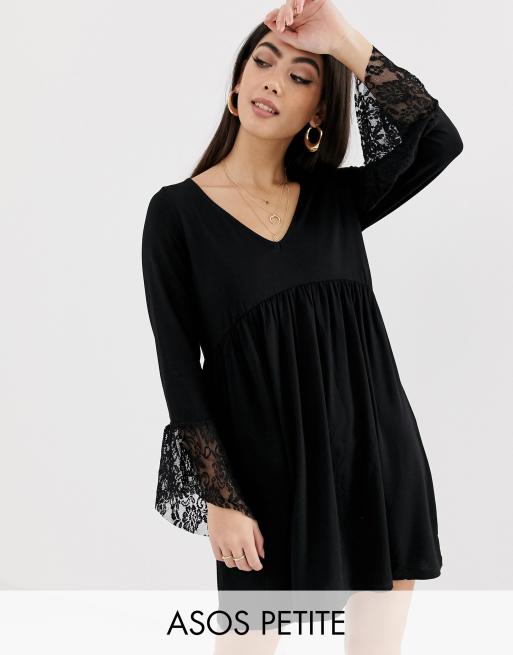 ASOS DESIGN Petite v neck swing dress with flared lace cuffs in black