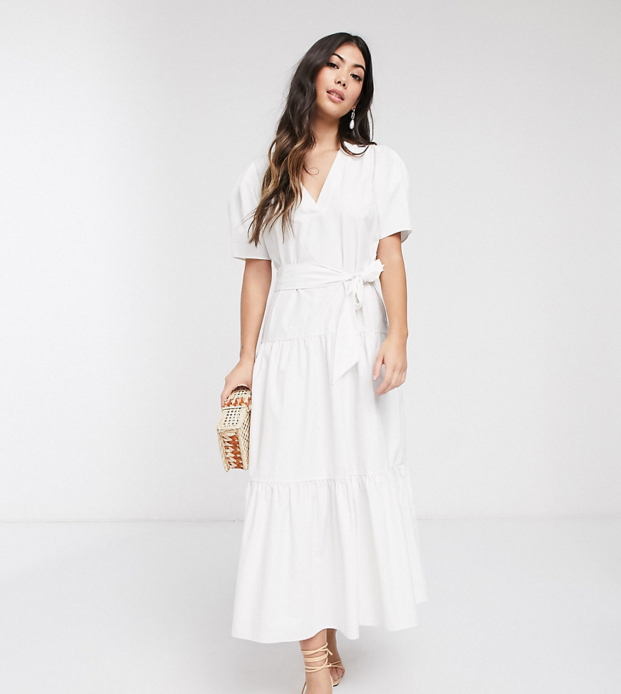 ASOS DESIGN Petite v neck tiered midi dress with belt in white